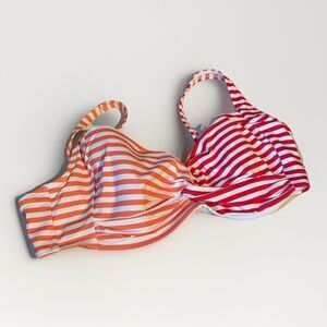 Lands End Sz 14 Bikini Top Swim Underwire Twist Wood Lily Red Striped UPF50